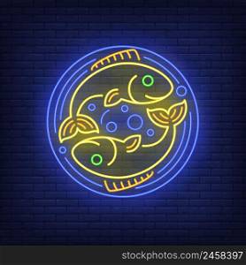 Pisces neon sign. Two fishes in circle, bubbles, water. Astrological sign concept. Vector illustration in neon style, glowing element for topics like zodiac, astrology, horoscope