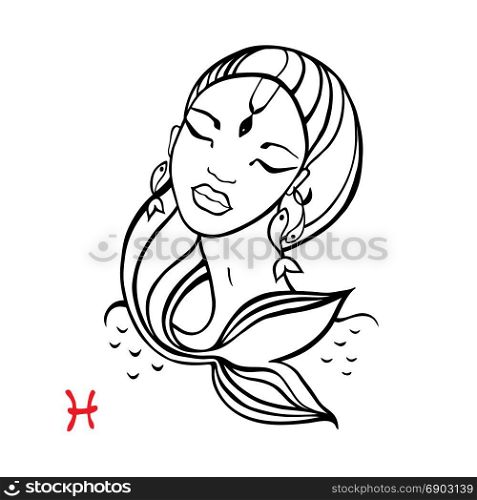 Pisces. Zodiac Beautiful fashion girl.. Pisces.. Zodiac signs collection. Beautiful Ink fashion zodiac girl. Horoscope series. Vector illustration