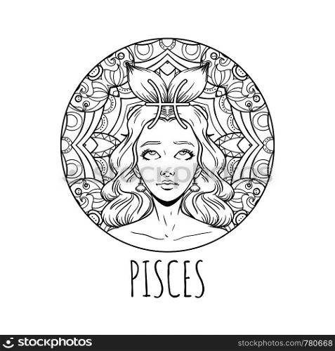 Pisces zodiac sign artwork, adult coloring book page, beautiful horoscope symbol girl, vector illustration