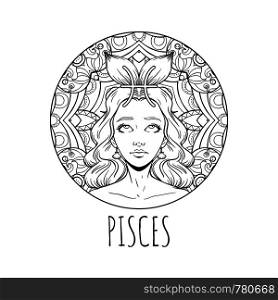 Pisces zodiac sign artwork, adult coloring book page, beautiful horoscope symbol girl, vector illustration