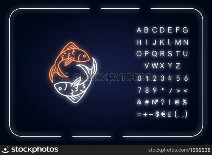 Pisces zodiac sign neon light icon. Outer glowing effect. Horoscope fish, Astrological birth sign with alphabet, numbers and symbols. Two swimming fishes vector isolated RGB color illustration. Pisces zodiac sign neon light icon