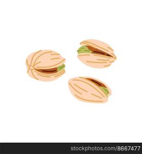 Pistachio nut in shell isolated food snack. Vector pistachio with green seed, vegetarian natural roasted pistache. Unpeeled cracked dried pistache. Open pistachio nut in hard shell isolated pistache