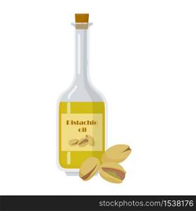 Pistachio oil, seeds or nuts vector illustration. Glass bottle with liquid, cork and label isolated on white background.