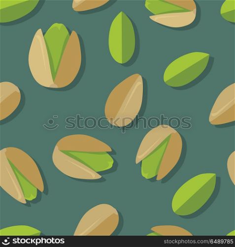 Pistachios seamless pattern vector in flat design. Traditional snack. Healthy food. Nut ornament for wallpapers, polygraphy, textile, web page design, surface textures. Isolated on colored background.. Pistachios Seamless Pattern Vector in Flat Design.. Pistachios Seamless Pattern Vector in Flat Design.