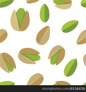 Pistachios seamless pattern vector in flat design. Traditional snack. Healthy food. Nut ornament for wallpapers, polygraphy, textiles, web page design, surface textures. Isolated on white background.. Pistachios Seamless Pattern Vector in Flat Design.. Pistachios Seamless Pattern Vector in Flat Design.