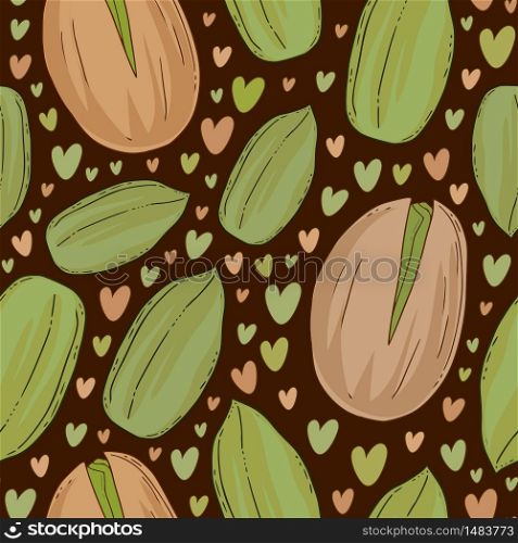 Pistachios seamless pattern with cute hearts. Tasty vector nuts print for wrapping paper, kitchen textile and packaging design. Pistachios seamless pattern with cute hearts. Tasty vector nuts print for wrapping paper, kitchen textile and packaging design.