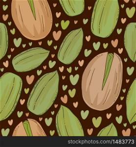 Pistachios seamless pattern with cute hearts. Tasty vector nuts print for wrapping paper, kitchen textile and packaging design. Pistachios seamless pattern with cute hearts. Tasty vector nuts print for wrapping paper, kitchen textile and packaging design.
