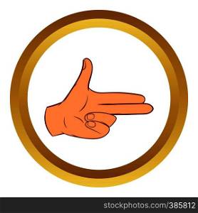 Pistol hand vector icon in golden circle, cartoon style isolated on white background. Pistol hand vector icon, cartoon style