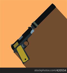Pistol with silencer flat icon on a beige background. Pistol with silencer flat icon