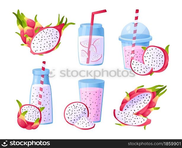 Pitaya. Cartoon sweet dragon fruit pieces and cold summer beverage. Tropical lemonade juicy drink. Isolated glasses and bottles with straws for exotic fresh. Vector delicious summer smoothies set. Pitaya. Cartoon sweet dragon fruit pieces and cold summer beverage. Tropical lemonade drink. Isolated glasses and bottles with straws for exotic fresh. Vector delicious smoothies set