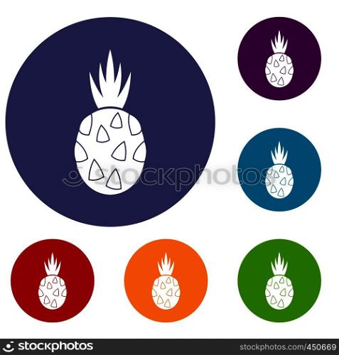 Pitaya, dragon fruit icons set in flat circle reb, blue and green color for web. Pitaya, dragon fruit icons set