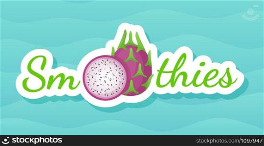 Pitaya sticker fruit smoothie shake logo set vector illustration. Vegetarian smoothies drink label with raw fruit and tag Smoothie for decoration shop sticker, promo discount or sale offer banner. Pitaya sticker fruit smoothie shake logo design