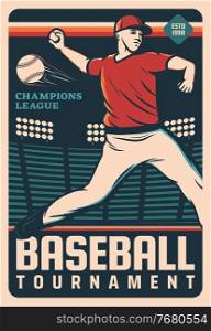 Pitcher baseball player with ball at sport stadium field. Vector retro poster of baseball match. Pitcher in team uniform pitching ball at play field of sporting arena with stand, seats and lights. Pitcher baseball player with ball at stadium field