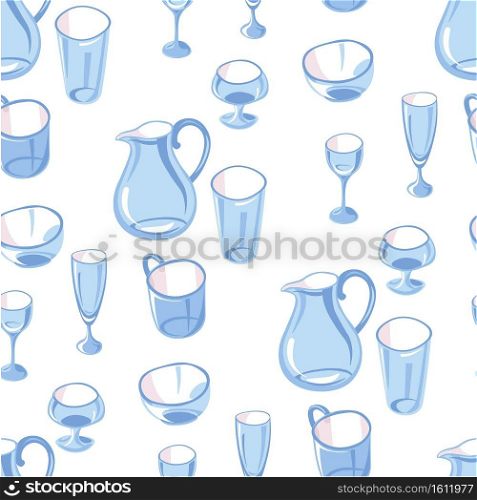 Pitcher for serving liquids, glasses and bowls for drinks and meals seamless pattern. Jug for water or milk, cups for alcoholic beverages. Tableware for breakfast or dinner, vector in flat style. Glassware jug and glasses for beverages seamless pattern