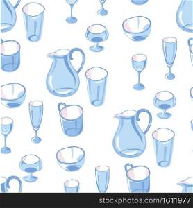 Pitcher for serving liquids, glasses and bowls for drinks and meals seamless pattern. Jug for water or milk, cups for alcoholic beverages. Tableware for breakfast or dinner, vector in flat style. Glassware jug and glasses for beverages seamless pattern