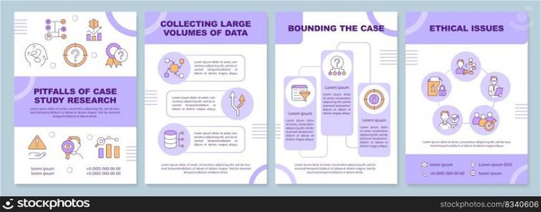 Pitfalls of case study research purple brochure template. Leaflet design with linear icons. Editable 4 vector layouts for presentation, annual reports. Arial-Black, Myriad Pro-Regular fonts used. Pitfalls of case study research purple brochure template