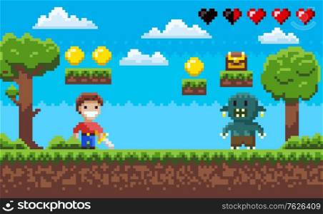 Pixel 8 bit retro game vector, character fighting against monster, health rate in form of hearts, zombie vs human, apocalypse. Trees and nature pixelated video-game. Pixel Game, Hero Fighting Zombie, Landscape Arcade