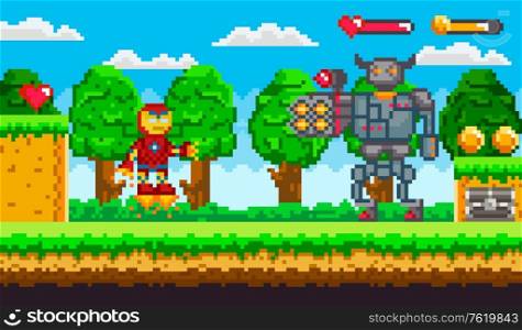 Pixel art 8 bit game ranger or robot and minotaur fighting. Old retro computer game or arcade characters, warriors, monsters with firearms vector. Platformer video-game. Pixelated app gemes. Pixel 8 Bit Game Robot and Cyborg Monster Vector