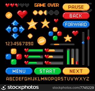 Pixel art 8bit game interface, retro buttons and loading bars, rating and health vector icons. 8 bit pixel game asset for video arcade UI and menu with levels arrows, pause and start buttons. Pixel art 8bit game interface, retro buttons, bars