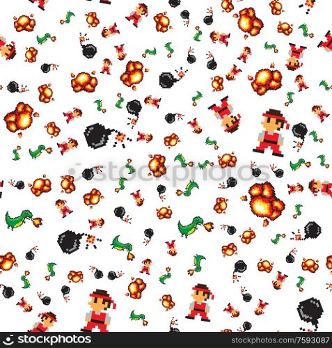 Pixel art 8bit vector, seamless pattern on white background, bomb and explosion of weaponry, retro style of character fighting against dragon flat style. Pixel Art Game Characters Effects Seamless Pattern