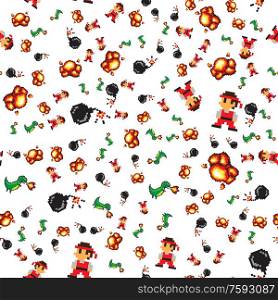 Pixel art 8bit vector, seamless pattern on white background, bomb and explosion of weaponry, retro style of character fighting against dragon flat style. Pixel Art Game Characters Effects Seamless Pattern