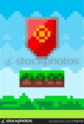 Pixel art design of red shield icon. Abstract baffle pixelated object to protect the warrior in pixel style in nature landscape background. Game element weapon pixel art old computer grafic style. Pixel-game red shield icon. Abstract baffle pixelated object in pixel style in nature landscape
