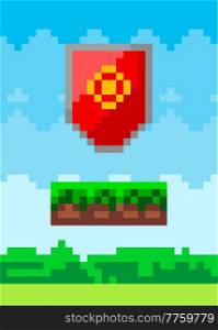 Pixel art design of red shield icon. Abstract baffle pixelated object to protect the warrior in pixel style in nature landscape background. Game element weapon pixel art old computer grafic style. Pixel-game red shield icon. Abstract baffle pixelated object in pixel style in nature landscape