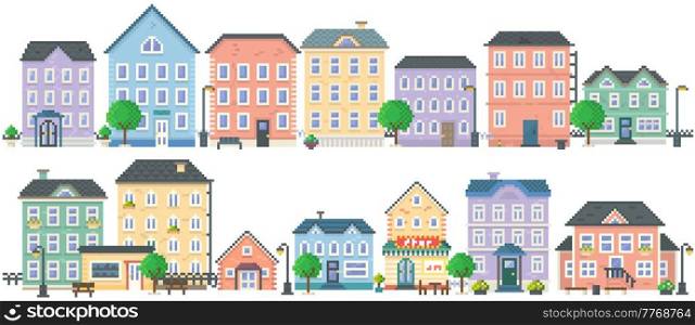 Pixel art empty city vector. Pixelated city downtown landscape with small houses and buildings. Design for mobile app, computer game. Low-rise apartment buildings isolated on white background. City downtown landscape with small houses and buildings. Design for mobile app, pixel computer game