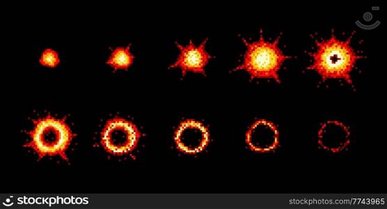 Pixel art explosion and burst animate sprites. Vector 8 bit boom, blast, bomb and flash effect sprite frames with cartoon explosion glowing clouds, fire flames and smoke, retro arcade video game. Pixel art explosion, boom or burst animate sprites