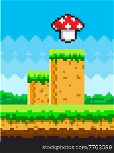 Pixel art game background with magic mushroom in sky. Pixel-game scene with green grass platform above ground against blue sky and big amanita. Pixelated landscape vector for mobile application design. Pixel art game background with magic mushroom in sky. Pixel-game scene with green grass platform