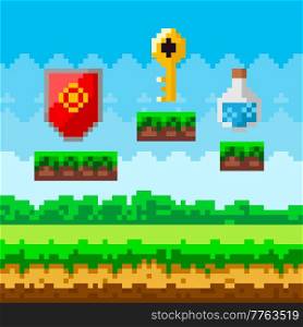Pixel art game background with reward object in air. Pixel game scene with grass platform and valuable awards for player, object pixelated symbols magic liquid in flask gold key and shield with emblem. Pixel art game background with reward object in air. Pixel-game scene with valuable award for player