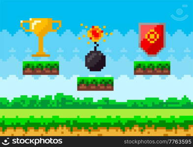 Pixel art game background with reward object in air. Pixel game scene with grass platform and valuable awards for player, object pixelated symbols core with wick, gold goblet and shield with emblem. Pixel art game background with reward object in air. Pixel game scene with grass platform and awards
