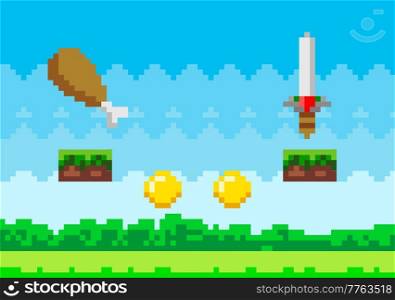 Pixel art game background with reward objects food and weapons. Pixel game scene with grass platform and valuable awards for player, object pixelated symbols steel sword, golden coins and meat on bone. Pixel art game background with reward objects food and weapons in nature landscape background