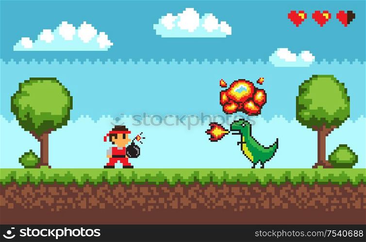 Pixel art game, design in 8 bit style character fighting against dragon with fire vector. Health lives points, man battle with dangerous creature. Pixel Art Game, Design in 8 bit Style Character