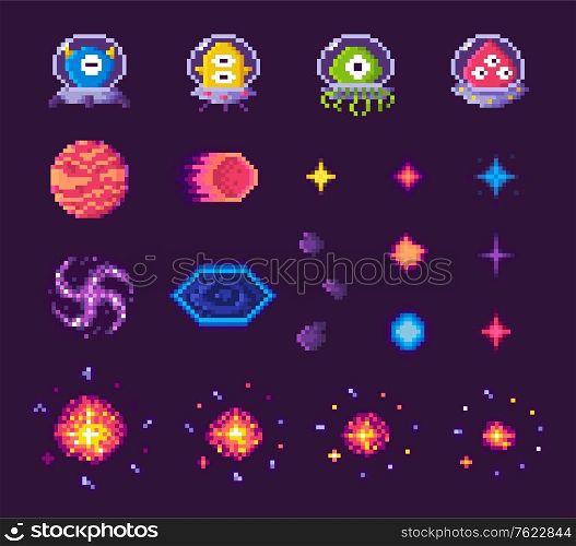 Pixel art game icons vector, 8 bit graphics of retro gaming, aliens of different form and planets, space theme, stars and explosions starry sky flat style, pixelated cosmic object for mobile app games. Aliens in Suits, Planets and Stars with Bursts
