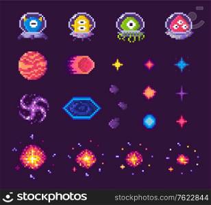 Pixel art game icons vector, 8 bit graphics of retro gaming, aliens of different form and planets, space theme, stars and explosions starry sky flat style, pixelated cosmic object for mobile app games. Aliens in Suits, Planets and Stars with Bursts