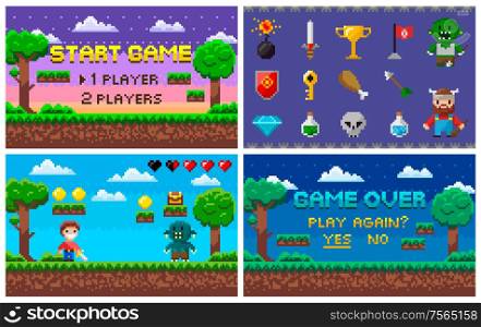Pixel art game in 8 bit character life info and scenery vector. Isolated icons set trophy and sword, bomb and troll rival, alien and treasure arcade. Pixel Art Game in 8 Bit Character Life Scenery