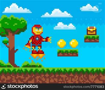 Pixel art game scene with ground, grass and sky with clouds. Flying iron man, robot in red metal suit collects chests and coins. Pixelated character in jet boots with fire. Pixel game design element. Flying iron man, robot in red metal suit collects chests and coins. Pixelated character in jet boots