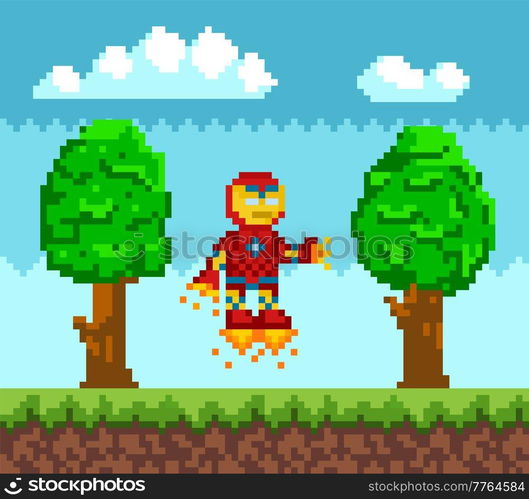 Pixel art game scene with ground, grass, trees and cloudy sky. Flying iron man, robot in red metal suit with armor. Pixelated cartoon character in jet boots with fire. Pixel game design element. Flying iron man, robot in red metal suit with armor. Bot in jet boots with fire vector illustration