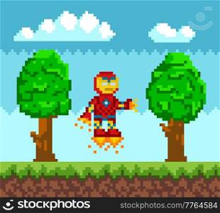 Pixel art game scene with ground, grass, trees and cloudy sky. Flying iron man, robot in red metal suit with armor. Pixelated cartoon character in jet boots with fire. Pixel game design element. Flying iron man, robot in red metal suit with armor. Bot in jet boots with fire vector illustration