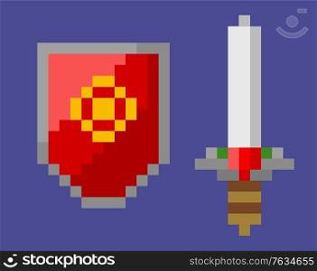 Pixel art icons vector, shield with sing and sword with sharp razor and handle, isolated pixelated elements of 8 bit game graphics, mosaic objects. Shield and Sword, Attack and Defense Pixel Icons