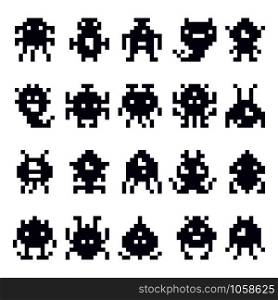 Pixel art invaders silhouette. Space invader monster game, pixels robots and retro arcade games. Computer video game vintage graphics alien monsters characters isolated vector icons set. Pixel art invaders silhouette. Space invader monster game, pixels robots and retro arcade games isolated vector icons set
