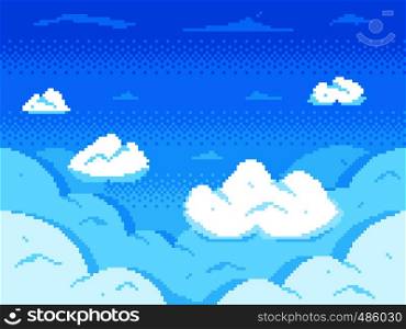 Pixel art sky. Clouds 8-bit skyline, retro video game cloud landscape and cloudy. Aerial pixel skyline, games sky animation scene or pixilated clouds vector background. Pixel art sky. Clouds 8-bit skyline, retro video game cloud landscape and cloudy vector background