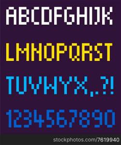Pixel art vector, isolated numbers and letters alphabetical order abs, pixelated video game text, title of yellow and blue color mosaic representation retro graphics. Pixel Font Alphabetic Order and Numbers Vector