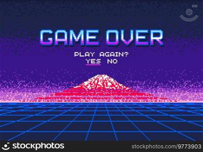 Pixel art video game over screen. Mount Fujiyama. Play again question, 8bit arcade or old console final menu pixel background, vintage videogame user failure, player death display vector interface. Pixel video game over screen with mount Fujiyama