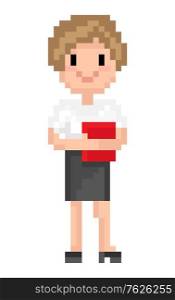 Pixel character vector, isolated woman wearing formal clothes and holding file, documents or book, office worker secretary lady studying, pixelated game personage. Modest Woman Secretary Holding Documents Pixel