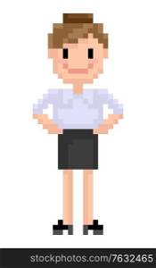Pixel character vector, isolated woman wearing skirt and blouse serious personage office worker, pixelated secretary smiling and standing in posture confidence. Character for business game. Secretary Office Worker, Confident Woman Pixel