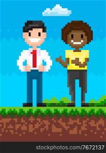Pixel character vector, man and woman talking and discussing problems, positive personage on nature video game graphics of 8 or 16 bit scenery retro. Smiling Woman Talking to Man Pixel Characters