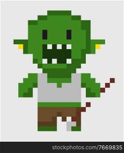 Pixel character vector, zombie with weapon, isolated green troll with scary look and angry face, frightening man villain of game, pixelated personage. Scary Zombie, Green Troll with Arrow Weapon Pixel