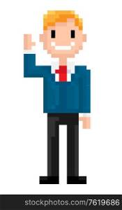 Pixel character wearing formal clothes vector, isolated person with tie on neck, male waving and greeting, gesturing personage , person with smile. Pixel Character Man Waving Hand and Smiling Vector